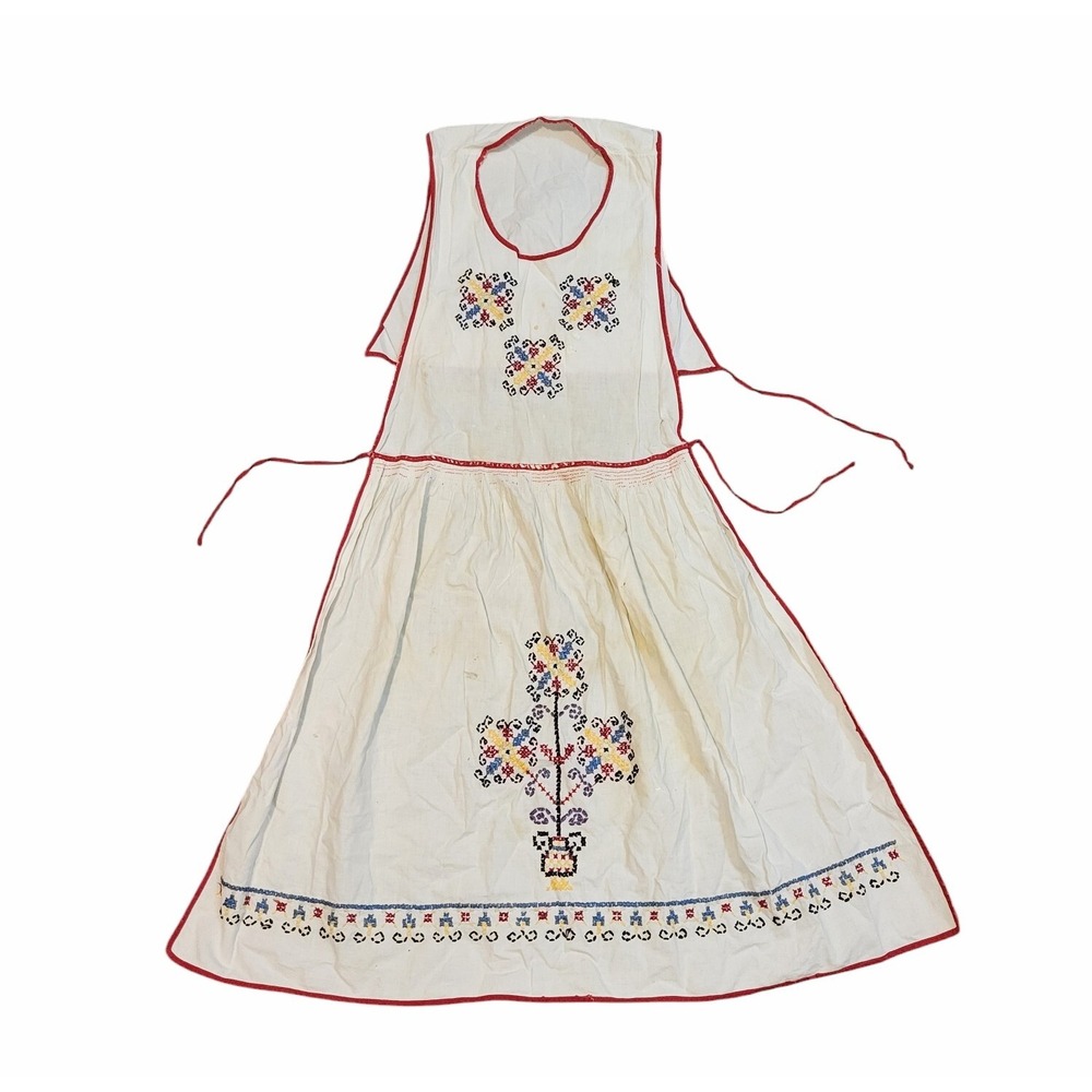Vintage Cotton Apron Pinafore Boho‎ Embroidered Flaws